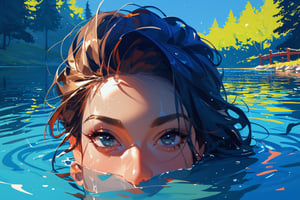 score_9, score_8_up, score_7_up, 1girl, face focus, partially submerged, lake, trees