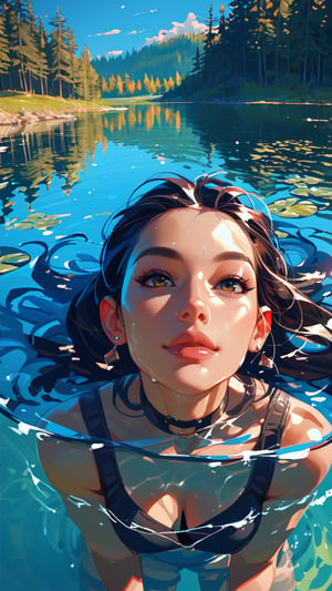 score_9, score_8_up, score_7_up, 1girl, face focus, head portrait, partially submerged, lake, trees