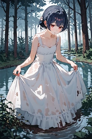 (score_9,score_8_up,score_7_up), mud,dcr34sed_c0l0ring,<red> theme, 1girl, morino rinze, dark blue hair, single hair bun, red eyes, white dress, sundress, skirt hold bowing, outdoor, tress, river, forest, rainy, wet