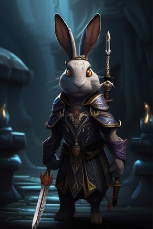 Imagine a dark and mysterious rabbit, with luminous eyes that shine in the darkness of the abyss. Between its paws, it firmly holds an intricate and ornate weapon, ready to defend itself or launch formidable attacks. The scene evokes a sense of mystery and power, with the abyssal rabbit appearing ready for any adventure or challenge that comes its way.