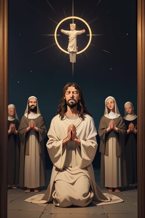 A devout figure, Jesus Christ kneels in prayer at night, eyes closed in deep devotion. The Catholic imagery captures his solemn expression and peaceful demeanor. This breathtaking painting portrays Christ's spiritual connection with vivid colors and intricate details. The scene radiates an aura of holiness and reverence, inviting viewers to experience the profound moment of faith.