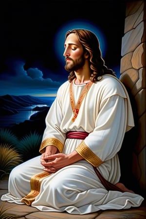 A devout figure, Jesus Christ kneels in prayer at night, eyes closed in deep devotion. The Catholic imagery captures his solemn expression and peaceful demeanor. This breathtaking painting portrays Christ's spiritual connection with vivid colors and intricate details. The scene radiates an aura of holiness and reverence, inviting viewers to experience the profound moment of faith.