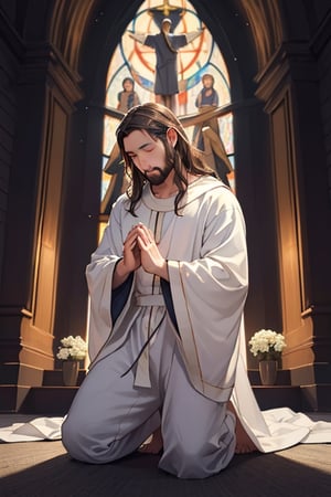 A devout figure, Jesus Christ kneels in prayer at night, eyes closed in deep devotion. The Catholic imagery captures his solemn expression and peaceful demeanor. This breathtaking painting portrays Christ's spiritual connection with vivid colors and intricate details. The scene radiates an aura of holiness and reverence, inviting viewers to experience the profound moment of faith.