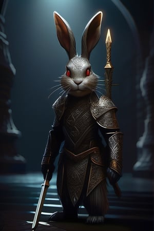 Imagine a dark and mysterious rabbit, with luminous eyes that shine in the darkness of the abyss. Between its paws, it firmly holds an intricate and ornate weapon, ready to defend itself or launch formidable attacks. The scene evokes a sense of mystery and power, with the abyssal rabbit appearing ready for any adventure or challenge that comes its way.