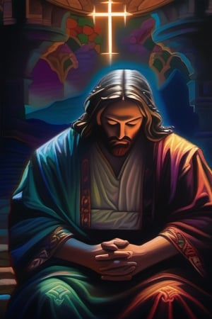 A devout figure, Jesus Christ kneels in prayer at night, eyes closed in deep devotion. The Catholic imagery captures his solemn expression and peaceful demeanor. This breathtaking painting portrays Christ's spiritual connection with vivid colors and intricate details. The scene radiates an aura of holiness and reverence, inviting viewers to experience the profound moment of faith.