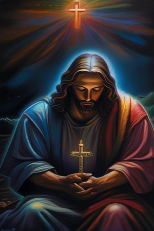 A devout figure, Jesus Christ kneels in prayer at night, eyes closed in deep devotion. The Catholic imagery captures his solemn expression and peaceful demeanor. This breathtaking painting portrays Christ's spiritual connection with vivid colors and intricate details. The scene radiates an aura of holiness and reverence, inviting viewers to experience the profound moment of faith.