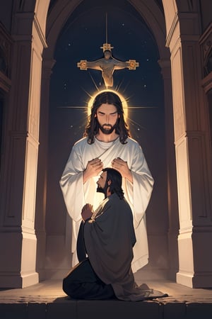 A devout figure, Jesus Christ kneels in prayer at night, eyes closed in deep devotion. The Catholic imagery captures his solemn expression and peaceful demeanor. This breathtaking painting portrays Christ's spiritual connection with vivid colors and intricate details. The scene radiates an aura of holiness and reverence, inviting viewers to experience the profound moment of faith.