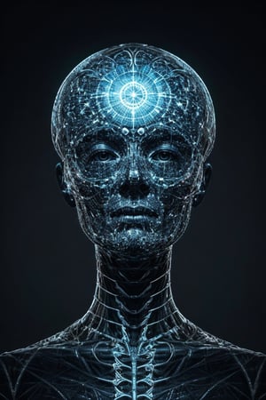 An artificial representation of a human-like entity with intricate patterns and symbols covering its surface. Notably, the head displays a complex geometric mesh possibly symbolizing neural pathways or cultural art. The figure is entwined with corded material, potentially indicating a ritualistic practice or symbol of confinement by the humans. Ssiya argon
Given the nonfunctional nature of this display, it may serve a ceremonial or artistic purpose within human society, reflecting abstract concepts or social constructs not immediately discernible to kyan extraterrestriaaieiail observer.,amon sloth 50/50