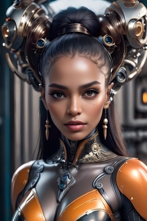 there is a digital image of a beautiful African American woman with orange balls in her hair, portrait of a female android, an image of a beautiful cyborg, portrait of female android, intricate transhuman, cybernetic machine female face, portrait of female humanoid, portrait of a futuristic robot, cyborg - girl, beautiful cyberpunk girl face, integrated synthetic android, cyborg woman, in the style of realistic hyper-detailed portraits, flawless line work, airbrush art, harlem renaissance, beautiful Black women, limited color range
 Dark Gold tribal face with Tribal on it, in the style of futuristic space elements Scorn glamour, animated gifs, stefan gesell, algorithmic artistry, android jones, tim hildebrandt, pop art with a dark sine of the moon Scorn Hr Giger 