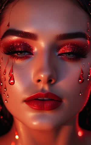 (digital art, ultra-realistic, high detail, high resolution, photorealistic) close-up of a woman's face with eyes closed, illuminated by a deep red light. The face is covered with droplets of red water, creating an abstract geometric pattern. The background is a black-glittered texture, enhancing the sparkle and reflection of the droplets. The woman's eyelashes and lips are accentuated, with the red light adding a shimmering effect. The overall atmosphere is dark, mysterious, and vibrant, with a focus on the contrast between the red and black elements, giving a surreal and captivating visual experience.
upskirt spread legs and show pussy 