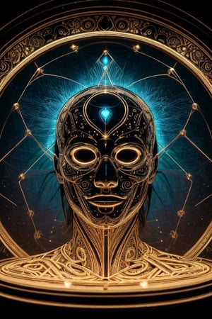 An artificial representation of a human-like entity with intricate patterns and symbols covering its surface. Notably, the head displays a complex geometric mesh possibly symbolizing neural pathways or cultural art. The figure is entwined with corded material, potentially indicating a ritualistic practice or symbol of confinement by the humans. Ssiya argon
Given the nonfunctional nature of this display, it may serve a ceremonial or artistic purpose within human society, reflecting abstract concepts or social constructs not immediately discernible to kyan extraterrestriaaieiail observer.,amon sloth 50/50