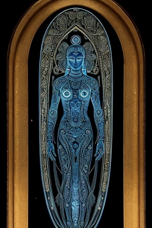 OBJECT: Image depicts an

artificially adorned human-like figure with intricate engravings and luminous inserts.

SPECULATION: Possible ritualistic

avatar or representation of abstract concepts. The glowing elements could signify an importance on energy or light. Usage undetermined but likely significant in human socio-cultural rituals or digital iconography.