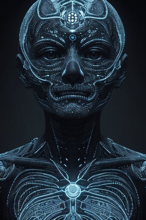 An artificial representation of a human-like entity with intricate patterns and symbols covering its surface. Notably, the head displays a complex geometric mesh possibly symbolizing neural pathways or cultural art. The figure is entwined with corded material, potentially indicating a ritualistic practice or symbol of confinement by the humans. Ssiya argon
Given the nonfunctional nature of this display, it may serve a ceremonial or artistic purpose within human society, reflecting abstract concepts or social constructs not immediately discernible to kyan extraterrestriaaieiail observer.,amon sloth 50/50