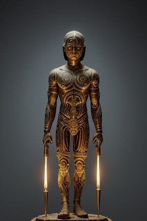 OBJECT: Image depicts an

artificially adorned human-like figure with intricate engravings and luminous inserts.

SPECULATION: Possible ritualistic

avatar or representation of abstract concepts. The glowing elements could signify an importance on energy or light. Usage undetermined but likely significant in human socio-cultural rituals or digital iconography.