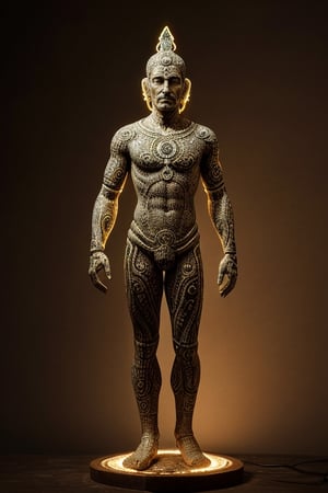 OBJECT: Image depicts an

artificially adorned human-like figure with intricate engravings and luminous inserts.

SPECULATION: Possible ritualistic

avatar or representation of abstract concepts. The glowing elements could signify an importance on energy or light. Usage undetermined but likely significant in human socio-cultural rituals or digital iconography.