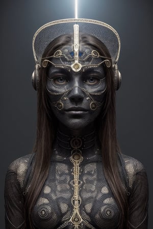 An artificial representation of a human-like entity with intricate patterns and symbols covering its surface. Notably, the head displays a complex geometric mesh possibly symbolizing neural pathways or cultural art. The figure is entwined with corded material, potentially indicating a ritualistic practice or symbol of confinement by the humans. Ssiya argon
Given the nonfunctional nature of this display, it may serve a ceremonial or artistic purpose within human society, reflecting abstract concepts or social constructs not immediately discernible to kyan extraterrestriaaieiail observer.,amon sloth 50/50