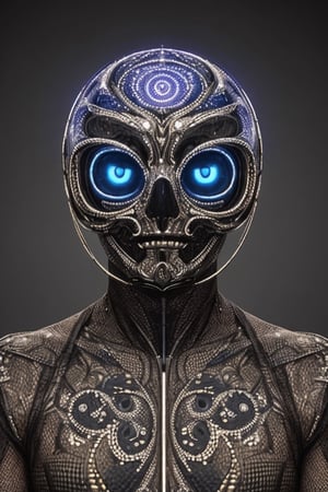 An artificial representation of a human-like entity with intricate patterns and symbols covering its surface. Notably, the head displays a complex geometric mesh possibly symbolizing neural pathways or cultural art. The figure is entwined with corded material, potentially indicating a ritualistic practice or symbol of confinement by the humans. Ssiya argon
Given the nonfunctional nature of this display, it may serve a ceremonial or artistic purpose within human society, reflecting abstract concepts or social constructs not immediately discernible to kyan extraterrestriaaieiail observer.,amon sloth 50/50