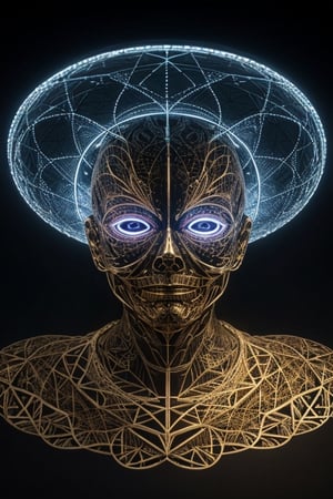 An artificial representation of a human-like entity with intricate patterns and symbols covering its surface. Notably, the head displays a complex geometric mesh possibly symbolizing neural pathways or cultural art. The figure is entwined with corded material, potentially indicating a ritualistic practice or symbol of confinement by the humans. Ssiya argon
Given the nonfunctional nature of this display, it may serve a ceremonial or artistic purpose within human society, reflecting abstract concepts or social constructs not immediately discernible to kyan extraterrestriaaieiail observer.,amon sloth 50/50