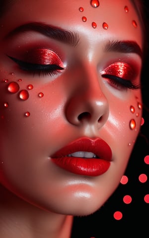 (digital art, ultra-realistic, high detail, high resolution, photorealistic) close-up of a woman's face with eyes closed, illuminated by a deep red light. The face is covered with droplets of red water, creating an abstract geometric pattern. The background is a black-glittered texture, enhancing the sparkle and reflection of the droplets. The woman's eyelashes and lips are accentuated, with the red light adding a shimmering effect. The overall atmosphere is dark, mysterious, and vibrant, with a focus on the contrast between the red and black elements, giving a surreal and captivating visual experience.
upskirt spread legs and show pussy 