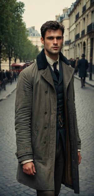 a depressed scholar wandering, ((sean o pry)), handsome french man, victorean era, outdoors, standing in a parisian street (1800s), wearing rugged coat, dirty, porverty, homeless, dark academia, industrial era, Prince Lev Nikolayevich Myshkin, fyodor dostoevsky, regency era, sophisticated, photorealistic, photography, stubble, scruffy face, youthful, 18 years old, hot, thin, perfect eyes, alpha male, masculine, 8k, realistic, defined jawline, dark cinematic lighting, very dramatic scene, masterpiece, pale skin, more detail XL,  8k uhd, dslr, global lighting, high quality, Fujifilm XT3, sharp focus, emitting diodes, Movie Still, (vacations, high resolution:1.3), (small, selective focus, european film:1.2), (sexual advance:1.1), cowboy_shot, analog