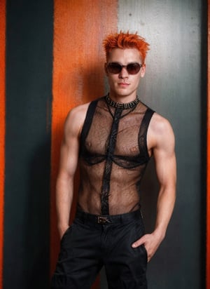 thin rockstar man, handsome, Gen X soft Club, old skool, 1990s, 1guy, tattoos, vibes, hot, sleeveless fishnet shirt, jnco cargo pants, studded belt, spike collar, piercing, photography, simple_background, orange hair, detailed, HD, realistic, full lighting, looking at the viewer, European male, futuristic, teenage spirit