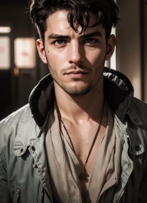 image of a thin punk man in a middle of an apocalypse, retro, post-apocalyptic, messy_hair, stubble, steampunk clothes, dark fantasy, sleazy, defined jawline, very crooked nose, mature, manly, old skool, cybercore, HQ, 8k, realistic, photorealistic, cinematic lighting, moving, emotional, very original, new, newest, very creative, male focus, post-apocalypic_fashion, absurd res, perspective, detailed background, background blur, focus, handsome male