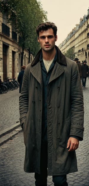 a depressed scholar wandering, ((sean o pry)), handsome french man, victorean era, outdoors, standing in a parisian street (1800s), wearing rugged coat, dirty, porverty, homeless, dark academia, industrial era, Prince Lev Nikolayevich Myshkin, fyodor dostoevsky, regency era, sophisticated, photorealistic, photography, stubble, scruffy face, youthful, 18 years old, hot, thin, perfect eyes, alpha male, masculine, 8k, realistic, defined jawline, dark cinematic lighting, very dramatic scene, masterpiece, pale skin, more detail XL,  8k uhd, dslr, global lighting, high quality, Fujifilm XT3, sharp focus, emitting diodes, Movie Still, (vacations, high resolution:1.3), (small, selective focus, european film:1.2), (sexual advance:1.1), cowboy_shot, analog