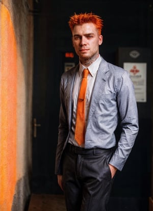 thin corporate man, handsome, facial hair, old skool, 1990s, 1guy, tattoos, vibes, hot, tie, trousers, business core, punk, cyberpunk, piercing, nose piercing, photography, simple_background, orange hair, detailed, HD, realistic, full lighting, looking at the viewer, European male, rockstar