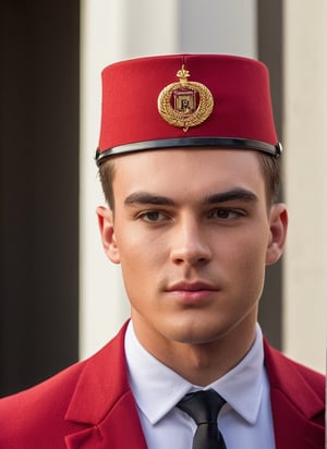 image of a (18 years old causcasian thin handsome hotel staff, bellboy, valet, young man, service boy, messy_hair, stubble, red classical valet uniform with a bellboy cap, with a regency touch, mid-modern century), sleazy, skinny, pale skin, thick eyebrows, freckles, blushed cheek, defined jawline, youthful, manly, 1950s (style), HQ, 8k, realistic, photorealistic, cinematic lighting, aesthetic, emotional, very original, new, newest, very creative, dramatic, male focus, absurd res, perspective, detailed background, background blur, focus, handsome male, Gen X Club, male, cinematic moviemaker style,Stylish,Man