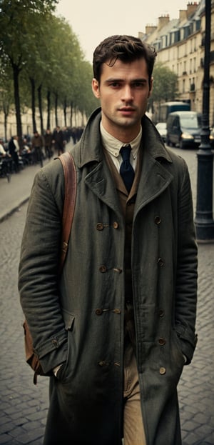 a depressed scholar wandering, ((sean o pry)), handsome french man, victorean era, outdoors, standing in a parisian street (1800s), wearing rugged coat, dirty, porverty, homeless, dark academia, industrial era, Prince Lev Nikolayevich Myshkin, fyodor dostoevsky, regency era, sophisticated, photorealistic, photography, stubble, scruffy face, youthful, 18 years old, hot, thin, perfect eyes, alpha male, masculine, 8k, realistic, defined jawline, dark cinematic lighting, very dramatic scene, masterpiece, pale skin, more detail XL,  8k uhd, dslr, global lighting, high quality, Fujifilm XT3, sharp focus, emitting diodes, Movie Still, (vacations, high resolution:1.3), (small, selective focus, european film:1.2), (sexual advance:1.1), cowboy_shot, analog