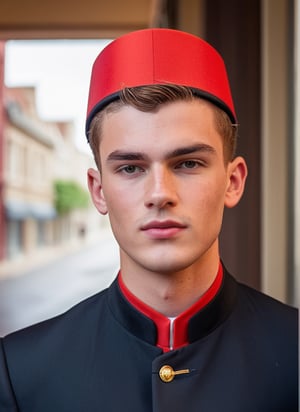 image of a (18 years old causcasian thin handsome hotel staff, bellboy, valet, young man, service boy, messy_hair, stubble, red classical valet uniform with a bellboy cap, with a regency touch, mid-modern century), sleazy, skinny, pale skin, thick eyebrows, freckles, blushed cheek, defined jawline, youthful, manly, 1950s (style), HQ, 8k, realistic, photorealistic, cinematic lighting, aesthetic, emotional, very original, new, newest, very creative, dramatic, male focus, absurd res, perspective, detailed background, background blur, focus, handsome male, Gen X Club, male, cinematic moviemaker style,Stylish