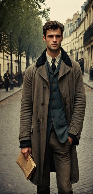 a depressed scholar wandering, ((sean o pry)), handsome french man, victorean era, outdoors, standing in a parisian street (1800s), wearing rugged coat, dirty, porverty, homeless, dark academia, industrial era, Prince Lev Nikolayevich Myshkin, fyodor dostoevsky, regency era, sophisticated, photorealistic, photography, stubble, scruffy face, youthful, 18 years old, hot, thin, perfect eyes, alpha male, masculine, 8k, realistic, defined jawline, dark cinematic lighting, very dramatic scene, masterpiece, pale skin, more detail XL,  8k uhd, dslr, global lighting, high quality, Fujifilm XT3, sharp focus, emitting diodes, Movie Still, (vacations, high resolution:1.3), (small, selective focus, european film:1.2), (sexual advance:1.1), cowboy_shot, analog