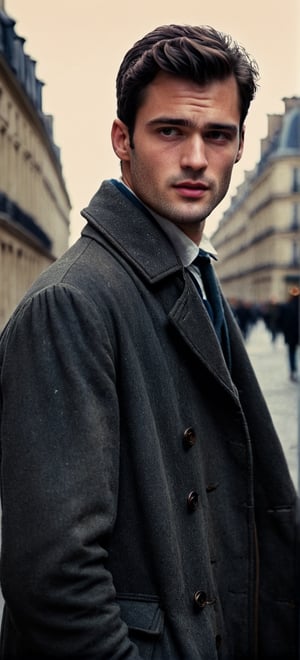 a depressed scholar wandering, ((sean o pry)), handsome french man, outdoors, standing in a parisian street (1800s), wearing rugged coat, dirty, porverty, homeless, dark academia, industrial era, Prince Lev Nikolayevich Myshkin, regency era, sophisticated, photorealistic, photography, stubble, scruffy face, youthful, 18 years old, hot, thin, perfect eyes, alpha male, masculine, 8k, realistic, defined jawline, dark cinematic lighting, very dramatic scene, masterpiece, pale skin, more detail XL,  8k uhd, dslr, global lighting, high quality, Fujifilm XT3, sharp focus, emitting diodes, Movie Still, (vacations, high resolution:1.3), (small, selective focus, european film:1.2), (sexual advance:1.1), cowboy_shot