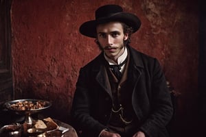 ((Rodion Romanovich Raskolnikov)), 23-year-old russian man, badly shaved, exceptionally handsome, tall, slim, well built, with beautiful dark eyes and dark blonde hair, wearing a modified student overcoat, Victorian era, 1800s, (((Marlon Teixera))), regency, old time, poor, beggar psychopath, insomniac, thin, skinny, paranoid, realistic, photorealistic, perfect eyes, alpha male, masculine, 8k, realistic, defined jawline, dark cinematic lighting, very dramatic scene, masterpiece, pale skin, more detail XL,  8k uhd, dslr, global lighting, high quality, Fujifilm XT3, sharp focus, emitting diodes, Movie Still, (vacations, high resolution:1.3), (small, selective focus, european film:1.2), (sexual advance:1.1), cowboy_shot, greg rutkowski,analog,tintime,AnalogRedmAF,Extremely Realistic,real_booster,Stylish