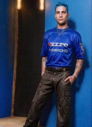 thin rockstar man, handsome, Gen X soft Club, old skool, 1990s, 1guy, tattoos, vibes, hot, sports jersey, jnco cargo pants, studded belt, photography, flash, blue hair, detailed, HD, realistic, full lighting, looking at the viewer, European male, futuristic
