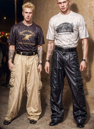 thin rockstar man, handsome, Gen X Club, 1990s, 1guy, tattoos, vibes, hot, sports graphic tee, jnco cargo pants, studded belt, photography, flash, blonde hair, detailed, HD, realistic, full lighting, looking at the viewer