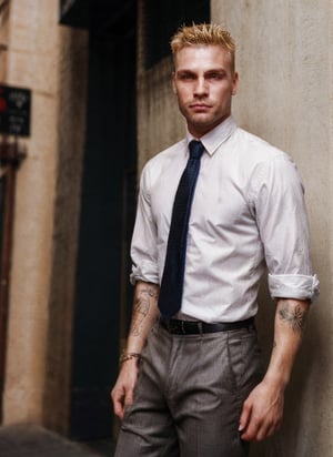 thin corporate man, handsome, facial hair, old skool, 1990s, 1guy, tattoos, vibes, hot, tie, trousers, business core, punk, cyberpunk, piercing, nose piercing, photography, simple_background, blonde hair, detailed, HD, realistic, full lighting, looking at the viewer, European male, rockstar
