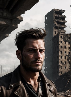 image of a thin punk man in a middle of an apocalypse ruins, retro, post-apocalyptic, messy_hair, stubble, steampunk clothes, dark fantasy, sleazy, defined jawline, very crooked nose, mature, manly, old skool, cybercore, cowboy_shot, HQ, 8k, realistic, photorealistic, cinematic lighting, moving, emotional, very original, new, newest, very creative, dramatic, male focus, post-apocalypic_fashion, absurd res, perspective, detailed background, background blur, focus, handsome male, Gen X Club