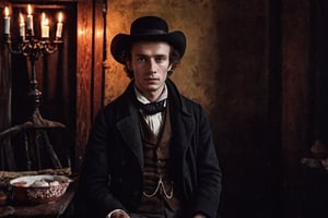 ((Rodion Romanovich Raskolnikov)), 23-year-old russian man, badly shaved, exceptionally handsome, tall, slim, well built, with beautiful dark eyes and dark blonde hair, wearing a modified student overcoat, Victorian era, 1800s, (((Marlon Teixera))), regency, old time, poor, beggar psychopath, insomniac, thin, skinny, paranoid, realistic, photorealistic, perfect eyes, alpha male, masculine, 8k, realistic, defined jawline, dark cinematic lighting, very dramatic scene, masterpiece, pale skin, more detail XL,  8k uhd, dslr, global lighting, high quality, Fujifilm XT3, sharp focus, emitting diodes, Movie Still, (vacations, high resolution:1.3), (small, selective focus, european film:1.2), (sexual advance:1.1), cowboy_shot, greg rutkowski,analog,tintime,AnalogRedmAF,Extremely Realistic,real_booster,Stylish