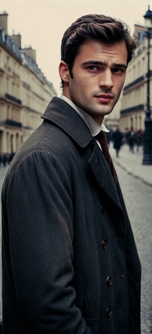 a depressed scholar wandering, ((sean o pry)), handsome french man, outdoors, standing in a parisian street (1800s), wearing rugged coat, dirty, porverty, homeless, dark academia, industrial era, Prince Lev Nikolayevich Myshkin, regency era, sophisticated, photorealistic, photography, stubble, scruffy face, youthful, 18 years old, hot, thin, perfect eyes, alpha male, masculine, 8k, realistic, defined jawline, dark cinematic lighting, very dramatic scene, masterpiece, pale skin, more detail XL,  8k uhd, dslr, global lighting, high quality, Fujifilm XT3, sharp focus, emitting diodes, Movie Still, (vacations, high resolution:1.3), (small, selective focus, european film:1.2), (sexual advance:1.1), cowboy_shot