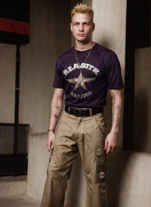 thin rockstar man, handsome, Gen X soft Club, 1990s, 1guy, tattoos, vibes, hot, sports graphic tee, jnco cargo pants, studded belt, photography, flash, blonde hair, detailed, HD, realistic, full lighting, looking at the viewer