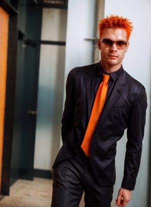 thin corporate man, handsome, facial hair, old skool, 1990s, 1guy, tattoos, vibes, hot, tie, trousers, business core, punk, cyberpunk, piercing, nose piercing, photography, simple_background, orange hair, detailed, HD, realistic, full lighting, looking at the viewer, European male, rockstar