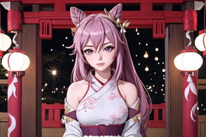 The animated girl (we'll call her Sakura) stands in a cozy room decorated with Spring Festival couplets and red lanterns, with a lens in front of her, as if communicating with the audience.,keqingdef