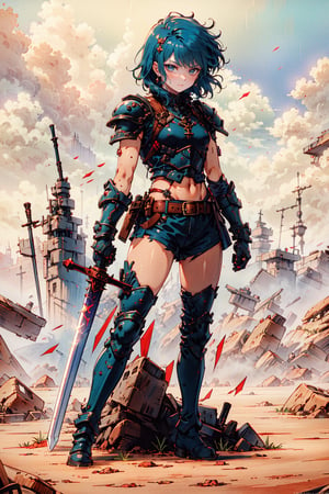 1girl, breasts, looking at viewer, short hair, simple background, thighhighs, white background, navel, holding, jewelry, blue hair, standing, purple eyes, full body, weapon, earrings, boots, shorts, sleeveless, midriff, belt, sword, medium hair, holding weapon, armor, short shorts, multiple views, watermark, shoulder armor, gauntlets, blue shorts, armored boots, greaves