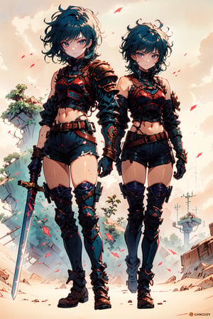 1girl, breasts, looking at viewer, short hair, simple background, thighhighs, white background, navel, holding, jewelry, blue hair, standing, purple eyes, full body, weapon, earrings, boots, shorts, sleeveless, midriff, belt, sword, medium hair, holding weapon, armor, short shorts, multiple views, watermark, shoulder armor, gauntlets, blue shorts, armored boots, greaves