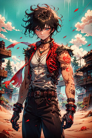 1boy , solo, looking at viewer, short hair, bangs, blue eyes, brown hair, shirt, gloves, 1boy, holding, hair between eyes, jewelry, closed mouth, standing, collarbone, white shirt, weapon, short sleeves, male focus, cowboy shot, outdoors, sky, day, black gloves, belt, pants, sword, dark skin, fingerless gloves, necklace, scarf, holding weapon, tattoo, holding sword, dark-skinned male, wind, serious, sand, arm tattoo, brown pants, desert