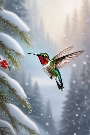 "Immerse yourself in the captivating beauty of a South American hummingbird gracefully navigating a serene Russian snow landscape. Rendered in stunning 8K Ultra HD, this highly detailed artwork captures the vibrancy of the hummingbird's plumage against the pristine white snow. Each delicate feather is meticulously depicted, showcasing the contrast between the bird's vivid colors and the snow's pure expanse. The hum of the hummingbird's wings is almost palpable as it hovers, surrounded by the tranquil winter landscape. The artist skillfully combines the exotic charm of South America with the serene allure of a Russian winter, creating a visual masterpiece that transports you to a world where the grace of nature knows no borders."