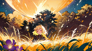 (best quality, masterpiece) particle, wind, flower, upper body, dark simple background, looking at viewer, blonde, galaxy,sleep girl,soft light ,Beautiful Village, trees and grass looks beautiful, starry sky on the foreground. ,High detailed ,firefliesfirefliesmBright Night sky,moon light,Nature,street lamp,Landscape,Joyful Atmosphere,EpicArt,1 girl