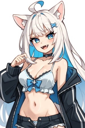 1girl, stoat girl, solo, ((white hair)), very long hair, blue eyes, (straight hair), (bangs), animal ears, (stoat ears:1.2),
 Choker, fangs, (big stoat Tail:1.2), (blue X hairpin), (White collared sleeveless top, (blue chest bow), (standing straight) 
(black hooded oversized jacket:1.2), (jacket zipper half unzipped), (black short pants) (Off the shoulders), solo, breasts, looking at viewer, blush, bangs, simple background, hair ornament, white background, navel, cleavage, medium breasts, collarbone, jacket, upper body, multicolored hair, virtual youtuber, hood, camisole, cropped torso, colored inner hair, black camisole, vivid color, masterpiece, best quality, amazing quality, very aesthetic, absurdres, depth of field, score_9, score_8, score_7, score_6, Gerph_style