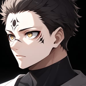 score_9, score_8_up, score_7_up, source_anime, solo, male focus, 1boy, BREAK, perfect face, muscle, pale skin, black hair, yellow eyes, red_eyeliner, neutral expression,  facial tattoo, extra eyes, BREAK, (portrait:1.4), simple black background, 